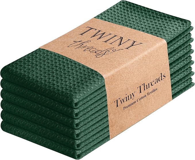 TWINY threads Kitchen Towels - Set of 6, 100% Cotton Waffle Weave Easter Dish Towels with Hanging Loop, Soft and Washable for Table Cleaning, Dinning, Parties - 16"X 26" - Olive Green