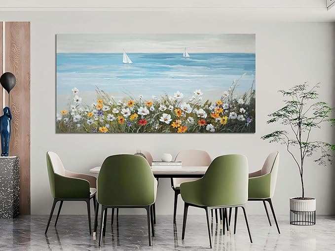 Ardemy Daisy Large Wall Art for Living Room, Floral Canvas Wall Art Ocean Flower Pictures Paintings Wall Decor Living Room Wildflower Artwork Dining Room Home Office Kitchen, 58"x29"