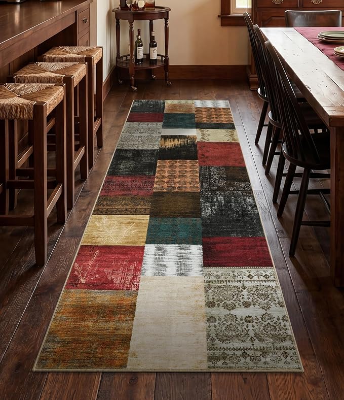 YIHOUSE Mid Century Modern Vintage Cowboy Runner Rug 2x6,Retro Patchwork Bedroom Rug,Red and Brown Floral Farmhouse Rugs Washable for Hallway Non Slip,Geometric Boho Area Rugs for Living Room