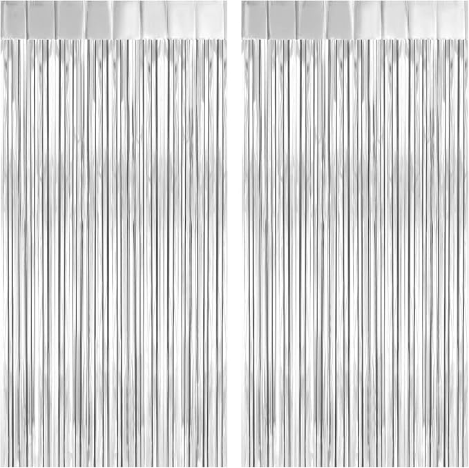 2 Pack Silver Foil Fringe Curtain Backdrop, 3.2Ft x 8.2Ft Metallic Tinsel Foil Fringe Streamer Curtains for Party Photo Booth Props Bachelorette Birthday Bridal Shower Christmas Decorations