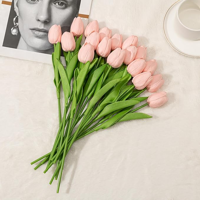 KAOYOO 18PCS Artificial Tulip Flowers Bouquet - Faux Latex Tulips for Home Decor,Office Desk,Kitchen Table,Wedding Centerpiece,Party,Spring Decoration(Pink,18 Pack)