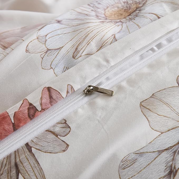 100% Cotton Duvet Cover Queen Size – Cream Hand-Drawn Watercolor Blooms Duvet Cover Set with Zipper Closure & Corner Ties, 3-Piece Luxury & Silky Soft Bedding Set for All Seasons
