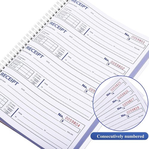 Regine Switzerland 6 Pack Receipt Books - Carbonless 3-Part Spiral Bound | 7-5/8" x 10-7/8" Size