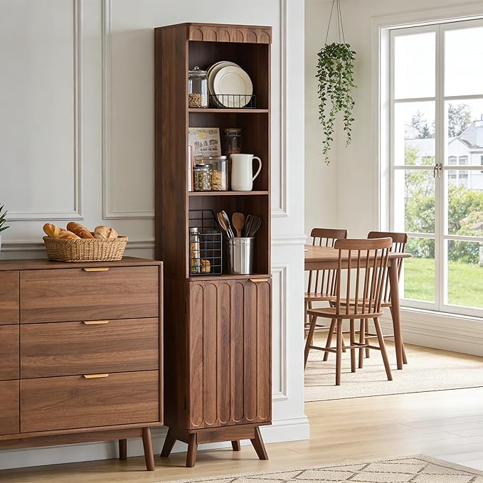 71" Tall Narrow Bathroom Storage Cabinet with Door, Small Fluted Cabinet with Adjustable Shelves & 3-Tier Open Shelf, Modern Freestanding Slim Organizer for Space Saving Living Room Kitchen (Walnut)
