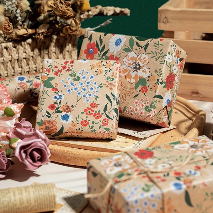 WRAPAHOLIC Kraft Floral Wrapping Paper Roll - Mini Roll - 17 Inch x 9.8 Feet - All Occasion Flower Wrapping Paper for Wedding Bridal Shower Birthday