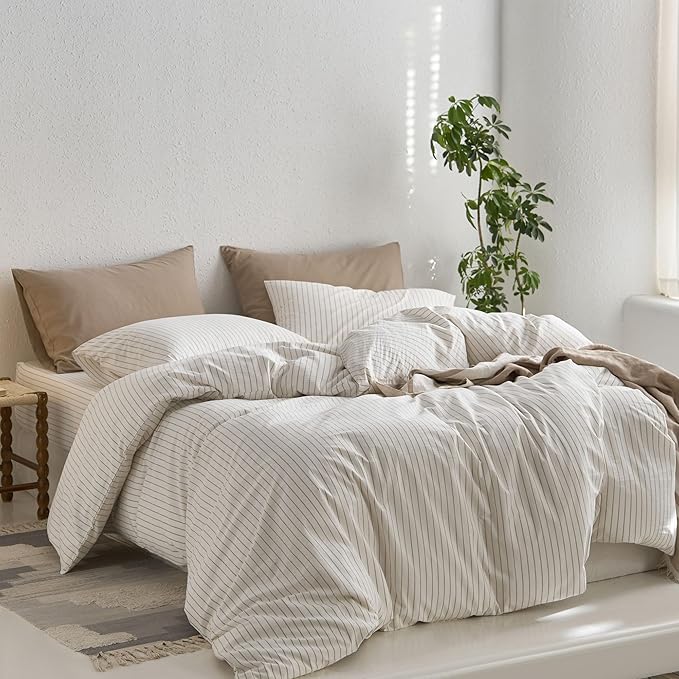 MooMee Striped Duvet Cover Set 100% Washed Cotton Linen Like Textured Breathable Durable Soft Comfy (White Tannish Linen Grey Wide Stripes, Super King 108"x98")
