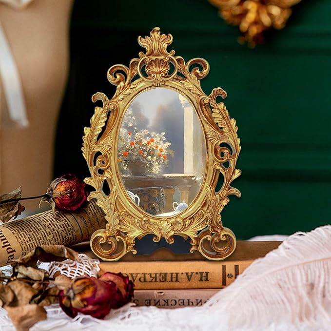 Gold Picture Frames, 5x7 Oval Vintage Photo Frame, Classic Carved Resin Picture Frame with Glass Front, Ornate Hand-Crafted Photo Frames for Tabletop or Wall Hanging, Photos Display Frame
