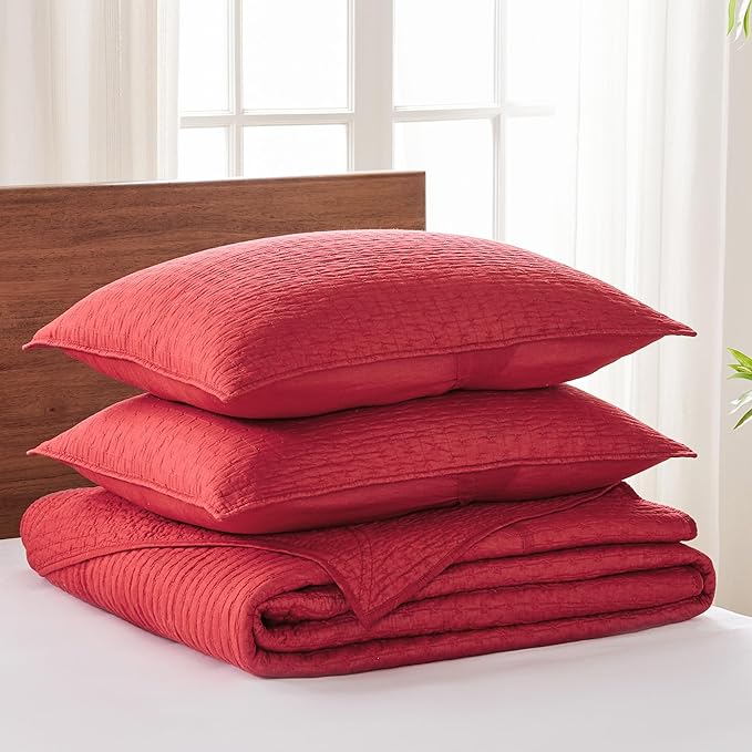 Levtex Home Cross Stitch Reversible Twin Bedspread Set (84x104in) with 1 Pillow Sham (26x20in) - Stitch Texture - Chile Red - Cotton Twin Size Bedspread Set - Lightweight, Soft, Pre-Washed