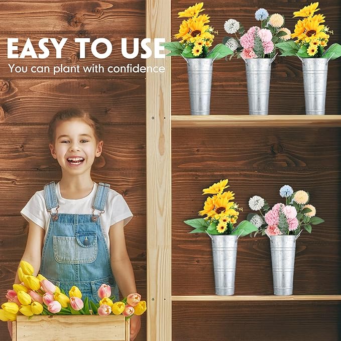 Chumia 6 Pcs Buckets Bulk Cut Flower Bar Supplies Christmas Centerpiece Wedding Galvanized Vase Metal Bloom Bridal Bouquet Pail with Handle French Farmhouse Rustic Floral Arrangement(Silver,9 Inch)