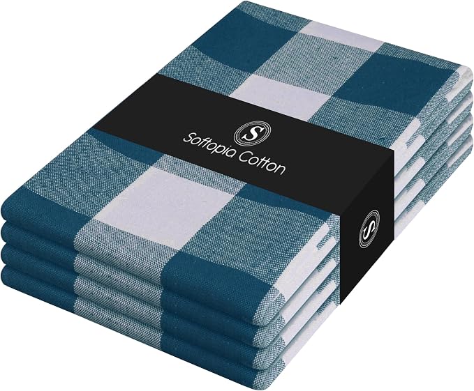 Teal Buffalo Check Plaid Kitchen Towels, 4 Pack, 100% Cotton, 16x26 Inches, Super Absorbent, Quick Dry, Soft, Dish Drying & Cleaning Towels with Hanging Loop, Teal Green and White