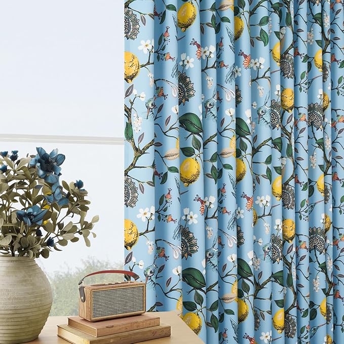 Light Blue Rustic Pinch Pleated Curtains 96 Inches Long for Living Room Bedroom Blackout Vintage Art Deco Anthropologie Vintage Floral Lemon Hummingbird Drape 2 Panels