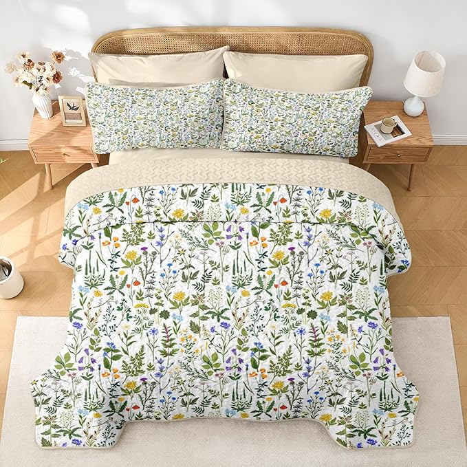 Quilt Set Full/Queen Size, Garden Floral 3 Pcs Soft Bed Cover Bedding Set, Country Rustic Farmhouse Lightweight Bedspread Coverlet with 2 Pillow Sham for All Season