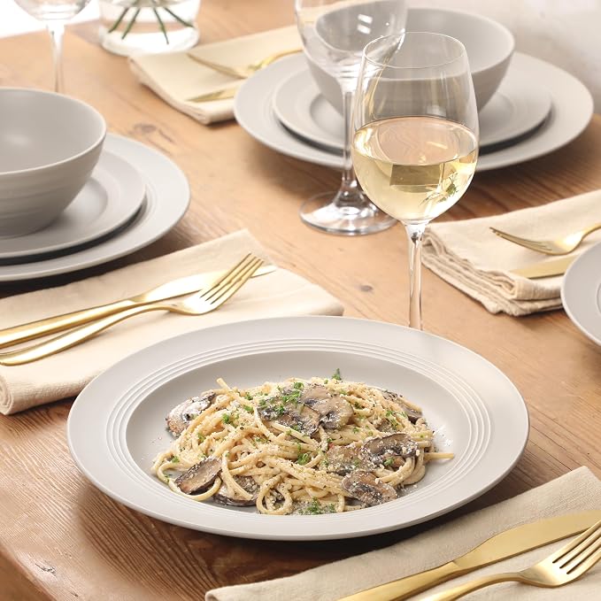 Gibson Elite Soleil 12 Piece Chateau Grey Stoneware Dinnerware Set for 4, Plates and Bowls Set with Dinner Plates, Salad Plates and Bowls