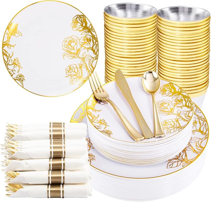DaYammi 210Pcs White Gold Plastic Plates for Party,Gold Disposable Dinnerware Set Includes 60 gold floral plates,30 plastic Silverware,30 Per Rolled Napkins,30 Plastic Cups for Christmas Party Wedding