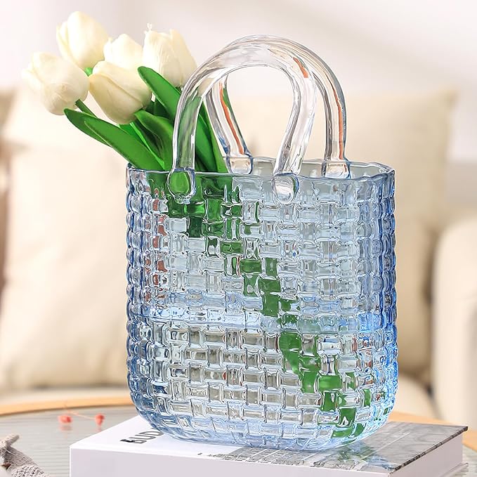 Glass Purse Vase for Flowers, Large Purse Flower Vase, Black Glass Bag Vases, 10 Inch Handbag Shaped Vases for Home, Living Room, Bedroom, Office Decor