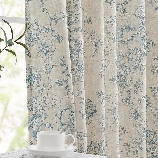 jinchan Linen Blend Curtain Floral Curtains for Living Room 96 Inch Length Blue Printed Curtain Rod Pocket Back Tab Farmhouse Peony Flower Patterned Drapes Bedroom Window Curtains Set 2 Panels