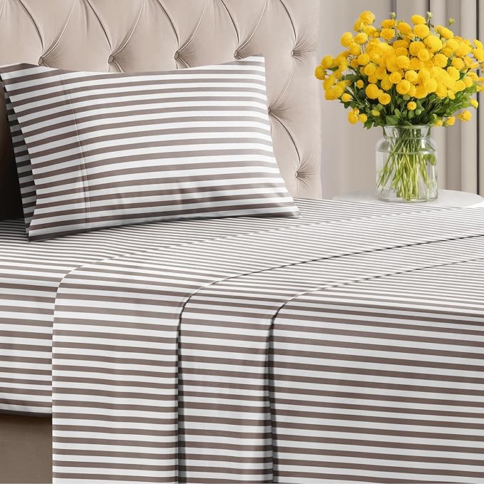 Striped Sheets - Brown Striped Sheets - 1 Flat & 1 Fitted & 1 Pillowcase w/ Deep Pockets – Wrinkle & Fade Resistant - Ultra-Soft, Breathable and Cooling – Luxury Pinstripe Bedding - Twin Size Bed Set
