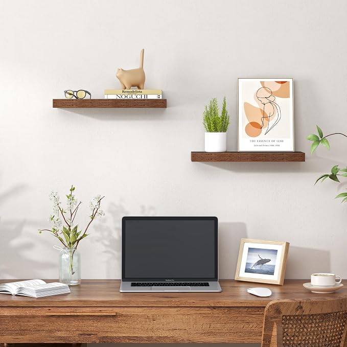Heimlove Floating Shelves for Wall,16 inchs Shelf for Small Bathroom,Mounted Storage & Display Wood Shelves for Bedroom,Living Room,Kitchen,Office,Set of 2,Rustic Brown