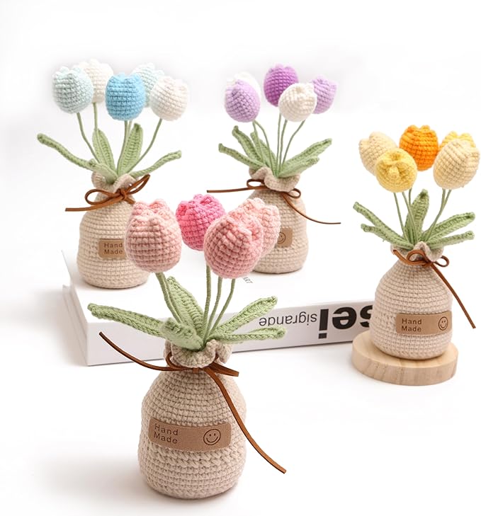 Crochet Woven Tulips with Wool,Simulation Plant Crochet Hand-Woven Flowers for Home Room Table Office Ornaments and Birthday Gifts for Family Friends Anniversary (5 Flowers-Purple)