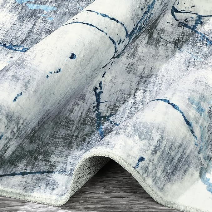 Washable Area Rugs 9x12 Living Room Rugs Soft Bedroom Large Indoor Carpet Abstract Neutral Dining Room Rug Non-Slip Stain Resistant Thin Foldable Floor Carpet for Playroom Nursery, Blue