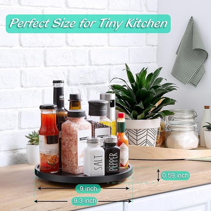 9" Wood Lazy Susan Turntable Organizer, Lazy Susan for Table Top Cabinet Dining Pantry Countertop Cupboard Organization, Decorative Tray for Kitchen Bathroom Decor Coffee Bar Accessories, Black