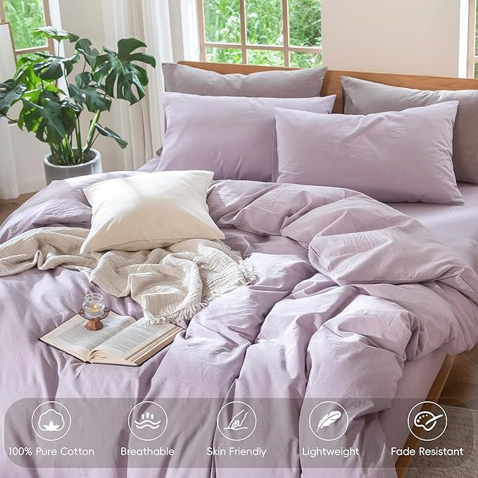 MooMee Bedding Duvet Cover Set 100% Washed Cotton Linen Like Textured Breathable Durable Soft Comfy (Heathered Light Purple, Queen 90"x90")