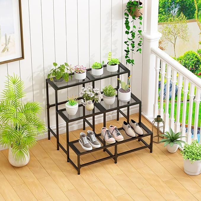 Garden 4 you 3 Tier Large Metal Plant Stand, Garden Display Shelf Flower Pot Holder Storage Organizer Rack for Indoor Home Outdoor Patio Balcony Yard( Black,Rectangle)