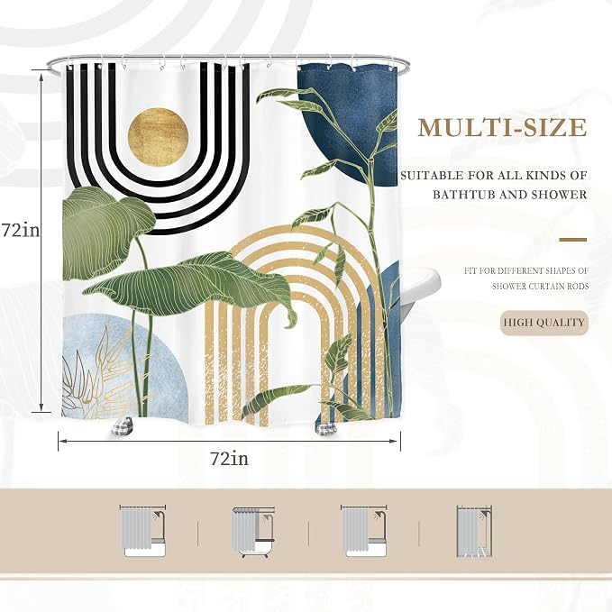 Glawry Navy Blue Boho Shower Curtain Mid Century Abstract Light Blue Tropical Palm Botany Sun Arch Plant Minimalist Bathroom Modern 72Wx72L Inches Bath Accessories Art Home Decor Fabric 12 Pack Hook