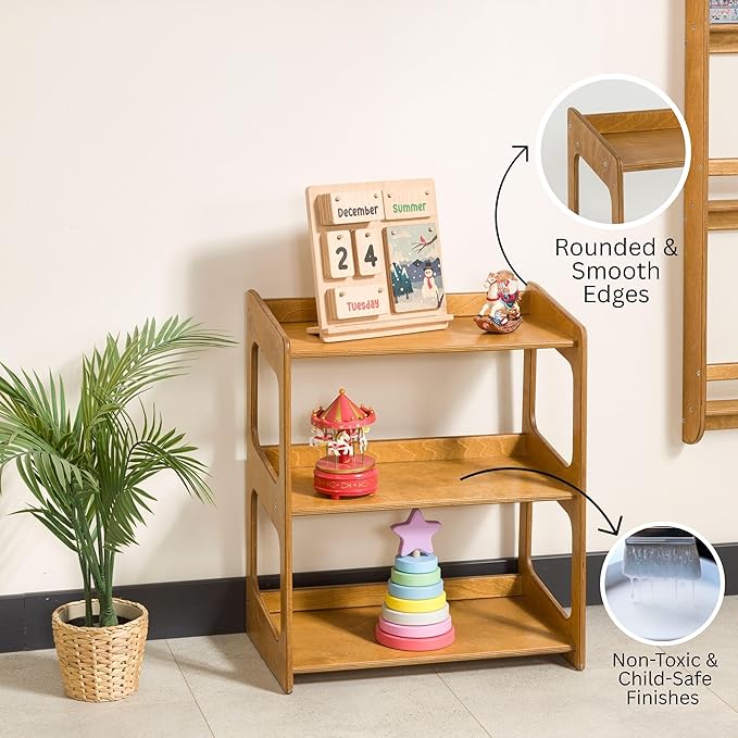 Montessori Bookshelf for Toddlers Solid Wood Toy Storage Shelf Organizer for Playroom and Classroom Floor Bookshelf for Kids Room (Oak, 3-Shelves)