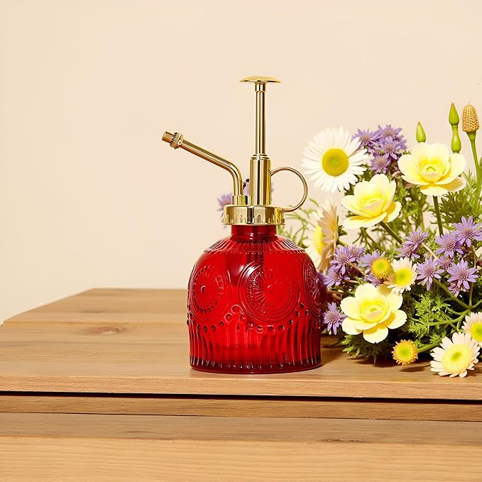 Glass Plant Mister Spray Bottle, 230ML Vintage Plant Spritzer, Succulent Watering Bottle Glass with Top Pump, Small Plants Sprayer Watering Can for Indoor Outdoor House(Red)