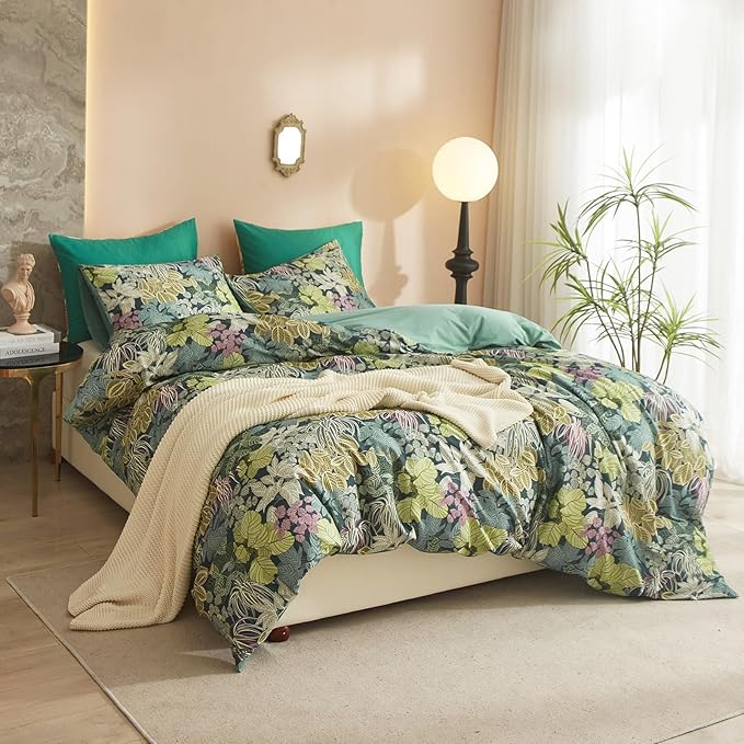 mixinni Tropical Multicolored Leaves Print Duvet Cover 2 Pillowcases Botanical King Size Floral Duvet Cover Set Soft Cotton Bedding Set for Her and Him-Easy Care, Soft and Durable-King Size