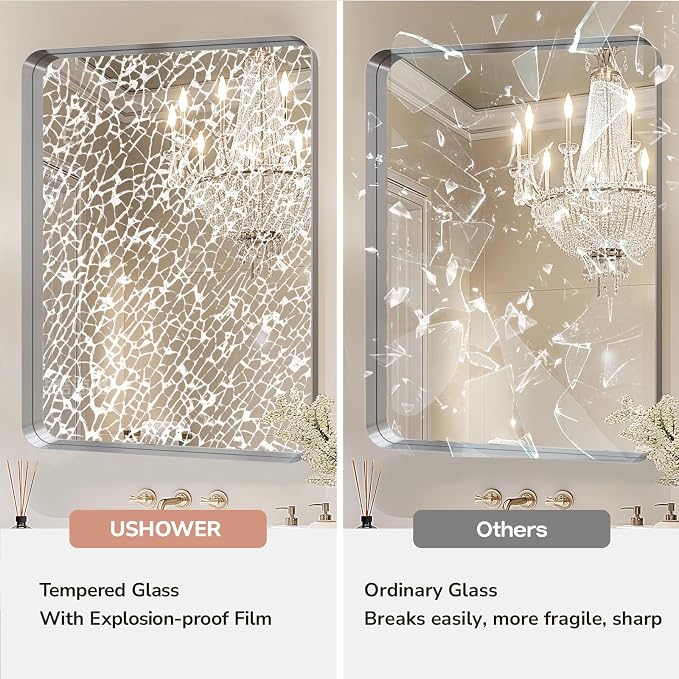 USHOWER Brushed Nickel Bathroom Mirror 22"x30", Silver Rectangle Mirror for Over Sink, Rounded Corner, Aluminum Frame, Anti-Rust, Tempered Glass, Horizontal or Vertical Mounted