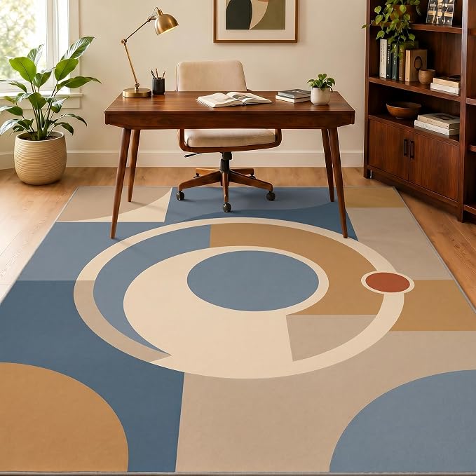 Mid Century Area Rug 5x7, Home Decor | Dusty Blue Camel Mod Orbit, Modern Abstract Circle Rug for Living Room, Bedroom, Home Office, Non Slip, Washable, Low Pile