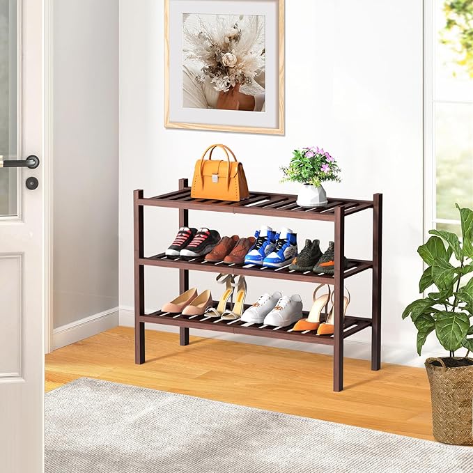 RONGJlA 3 Tier Bamboo Shoe Rack for Closet Free Standing Wood Shoe Shelf Storage Organizer for Entryway Small Space Stackable, Natural, Brown