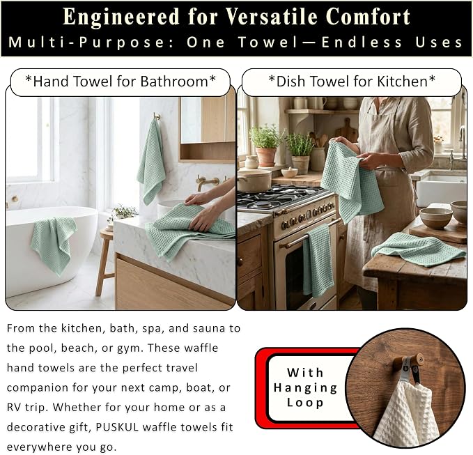 PÜSKÜL Natural 100% Turkish Cotton Waffle Kitchen Towels Set of 3 | Oeko-Tex, Premium Waffle Hand Towels for Bathroom | Soft Absorbent Quick-Dry Lint-Free Dish Towel Large 32x16 inch (3, Ice Green)