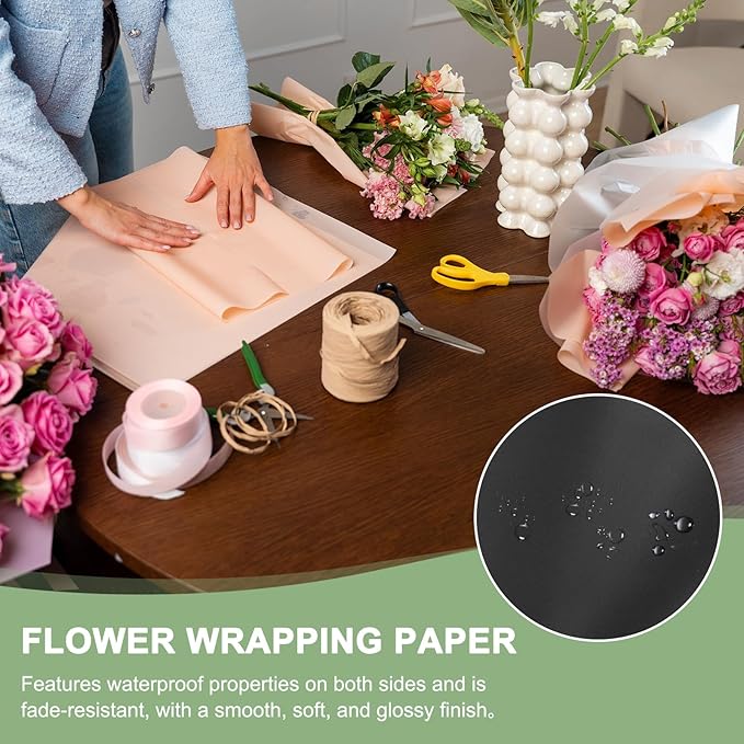PATIKIL Flower Gift Wrapping Paper, 20 Sheets Double Sided Golden Waterproof Bouquet Paper Wrap Florist Supplies Packaging Floral Papers for Wedding DIY Craft Valentine, Black/Gold