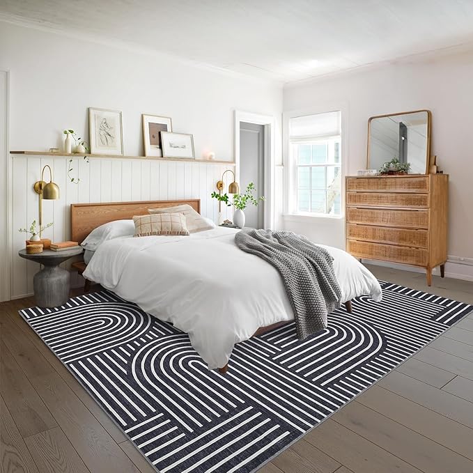 Washable Boho 9x12 Large Area Rug Modern Abstract Black White Rugs Non Shedding Soft Bedroom Carpet Ultra-Thin Low Pile Living Room Floor Mat Non Slip Modern Carpet for Playroom Dining Room, Black