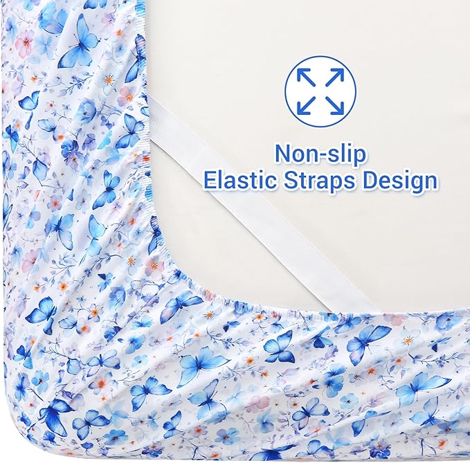 Softan Queen Floral Sheets, Microfiber Blue Flower Printed Fitted Sheets with Non-Slip Corner Straps and 15" Deep Pocket, Butterfly Patterned Cozy Bed Sheets & Pillowcase Sets