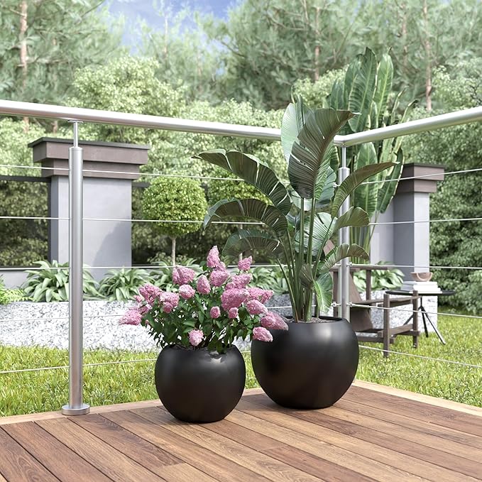 DTY Signature Mount Sherman Modern Indoor Outdoor Fiberstone Sphere Planter, Durable Round Garden Pot, Weather Resistant, Drainage Hole & Rubber Plug, Planter for Christmas Tree - Large, Black