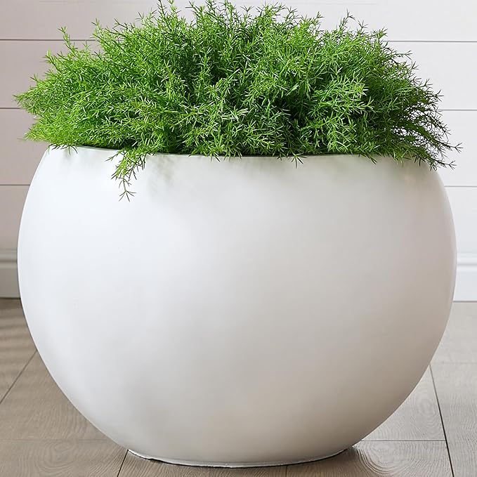 21.3" D Fiberstone Extra Large Planter, 16.6" Pot Opening x 14.8" H, Spherical Flower Pot with Drainage Hole, Weather Resistance Indoor Outdoor Planters, White