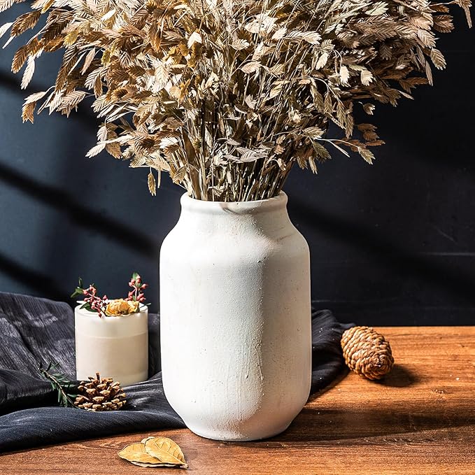 Rustic Ceramic Farmhouse Flower Large Vase, Whitewashed Terra Cotta Vase, Pottery Decorative Flower for Home Decor, Table, Living Room Decoration, Shelf Decor, Mantel, 9.5 Inch, White