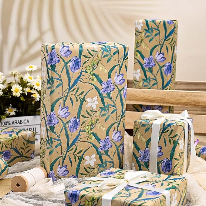 MAYPLUSS Floral Kraft Wrapping Paper Roll - 17Inch x 33Feet - Elegant Tulip Gift Wrapping Paper Watercolor Flower Gift Wrap Paper for Birthday, Mothers Day, Bridal Shower, Engagement, Valentine's Day