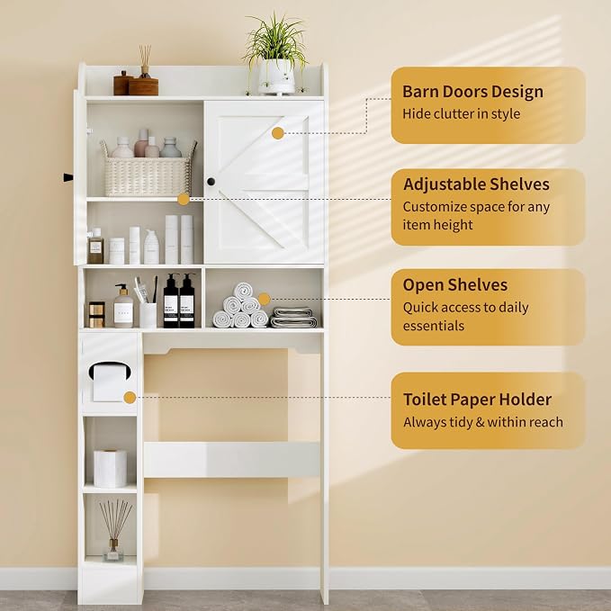 Vipbear Over The Toilet Storage Cabinet, 32.3” W Farmhouse Bathroom Storage Cabinet Above Toilet with Toilet Paper Holder and Barn Doors, Freestanding Restroom Organizer Space Saving Rack, White