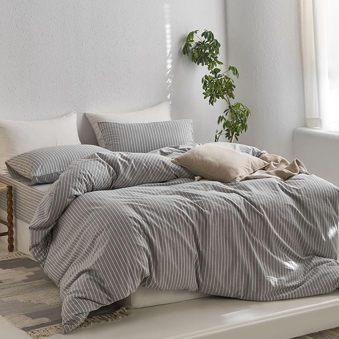 MooMee Striped Duvet Cover Set 100% Washed Cotton Linen Like Textured Breathable Durable Soft Comfy (Light Grey White Wide Stripes, Oversized King Plus 128"x120")