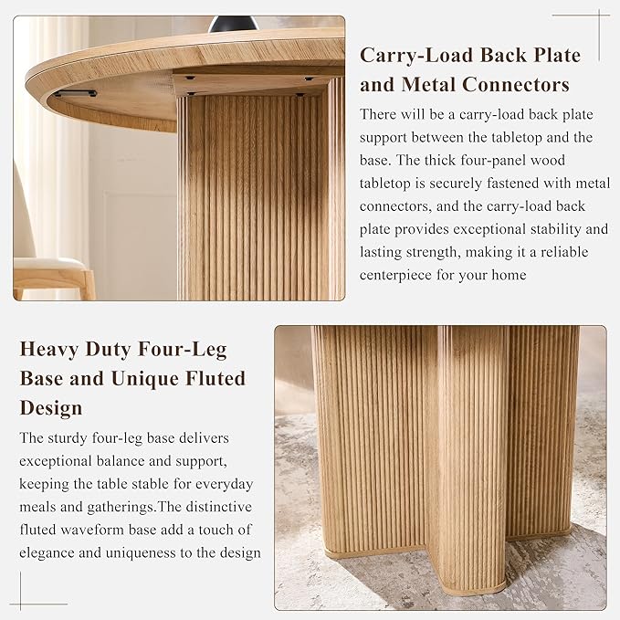 T4TREAM 47" Fluted Round Dining Table for Kitchen Living Room, Natural Oak | Mid Century Modern Kitchen Table,Seats 4-6,Thickened Edge and Sturdy Reeded Pedestal Base