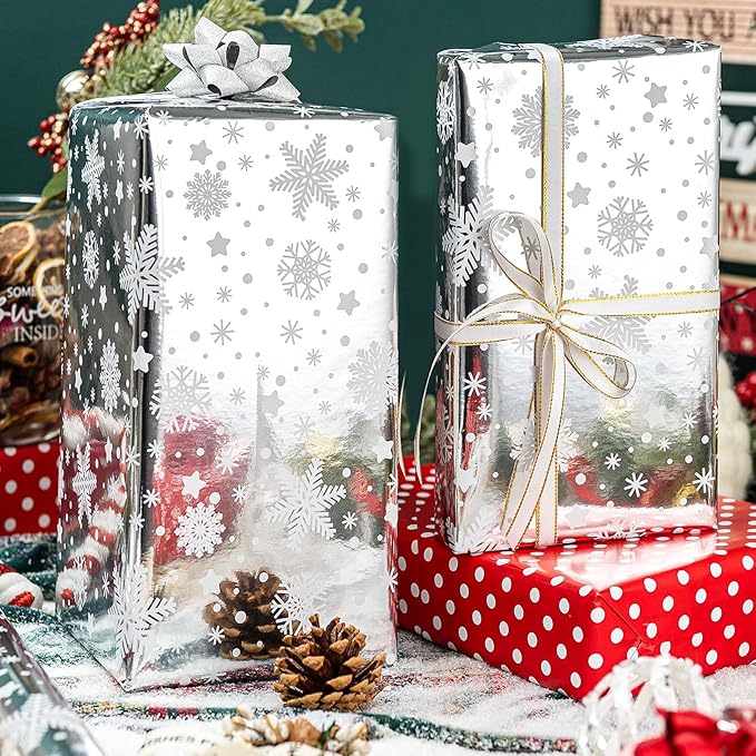 MAYPLUSS Christmas Wrapping Paper Roll - 17IN X 33FT - Christmas Gift Wrapping Paper Featuring Snowflake Against Silver Reversible Polka Dot for Kids, Holiday, New Year