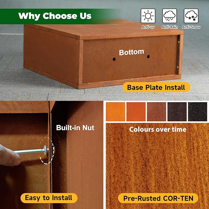Corten Steel Rectangular Planter for Outdoor Plants 24" x 10" x 24" Rusted Metal Outdoor Planter Box Spliced Flower Box with Partitions for Outside,Indoor,Garden (Corten, 24 * 10 * 24)