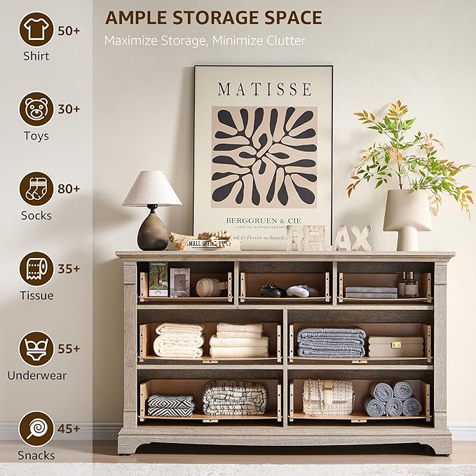 T4TREAM Farmhouse 7 Drawers Dresser for Bedroom, 54" Wide Wood Rustic Chest of Drawers w/Roman Column, Wooden Storage Dressers Organizer for Bedroom, Living Room, Light Rustic Oak