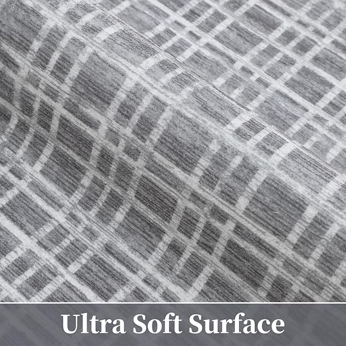 Washable Runner Rug for Entryway 2x6 Modern Plaid Non Slip Kitchen Rug Bathroom Rugs Grid Throw Rugs Soft Faux Wool Stain Resistant Carpet for Laundry Hallway Bedside 2'x6' Grey