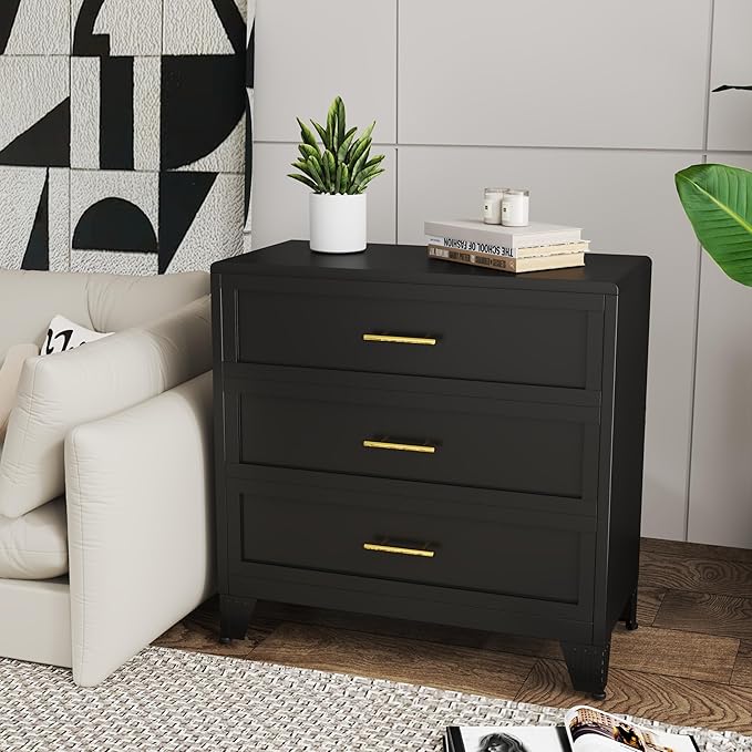 3 Drawers Tall Black Dresser for Bedroom, 35.43" Metal Dressers & Chests of Drawers Curved Corner Design, Storage Organizer Drawer Chest with Large Capacity for Living Room, Entryway, Hallway